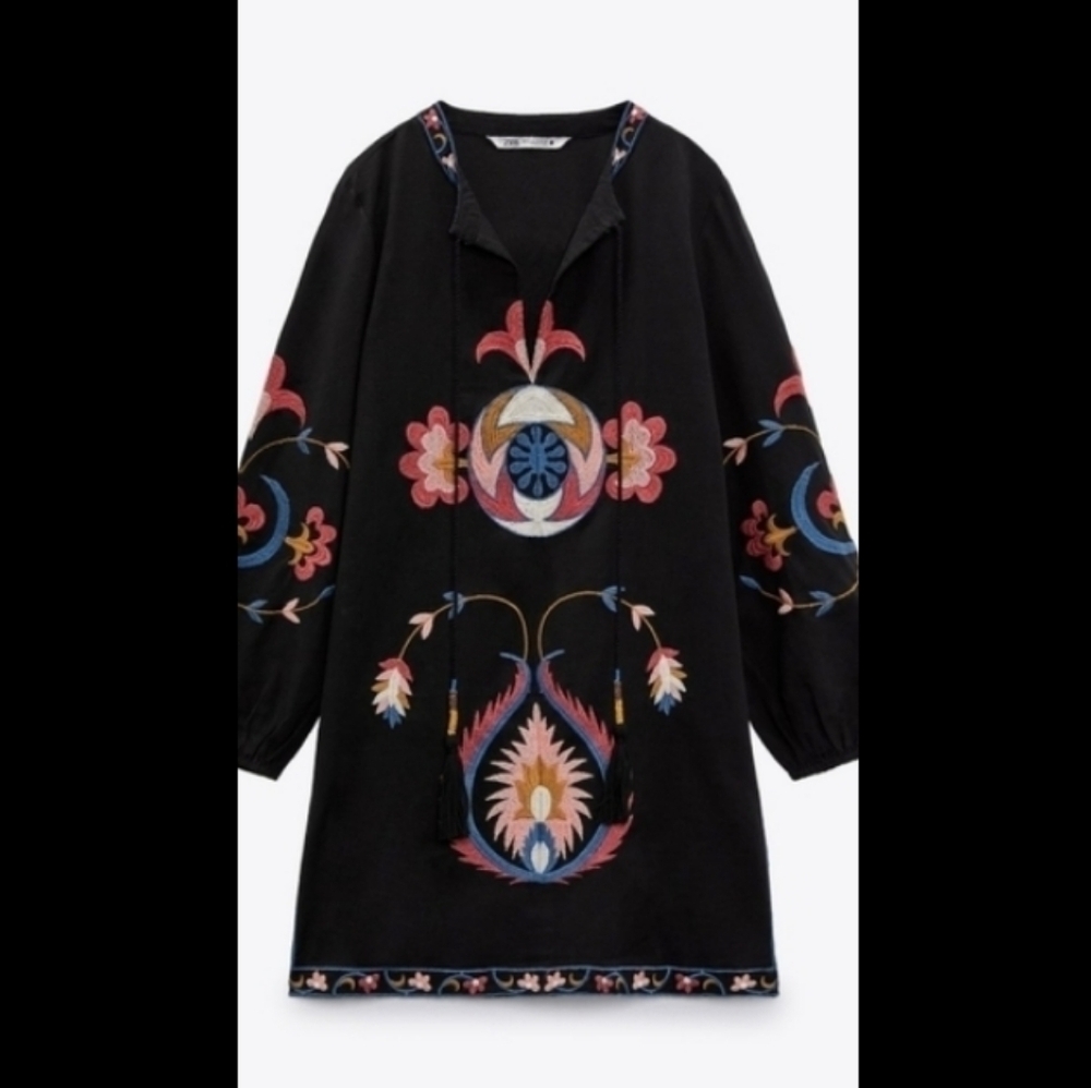 Zara Short Embroidered Cotton Linen Blend Dress Sz-M - Picture 3 of 10